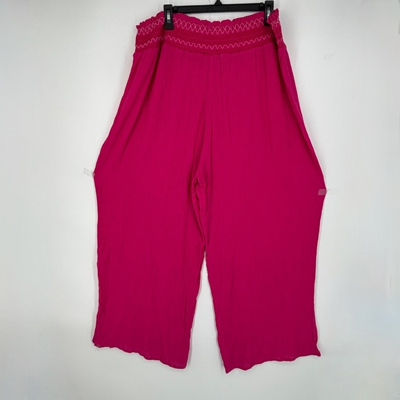 One World Womens 1X Pull-On Wide Leg Pants Bright Pink Crinkle Gauze Embroidered - Picture 7 of 8